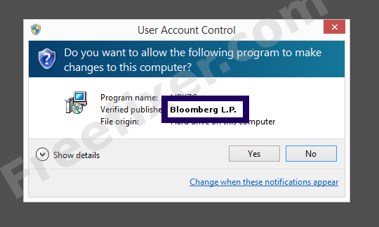 Screenshot where Bloomberg L.P. appears as the verified publisher in the UAC dialog